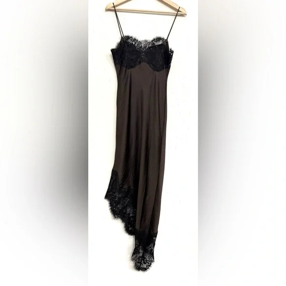 NWT Zara Asymmetric Satin Lace Dress in Black/ Brown Size M - Picture 9 of 16